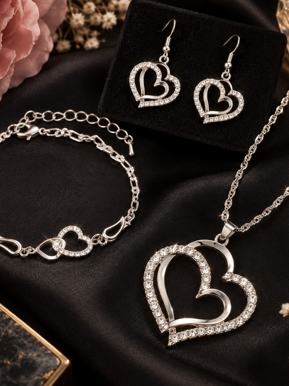Silver Heart Crystal Pendant Necklace, Bracelet & Earrings Set(3-Piece)!!